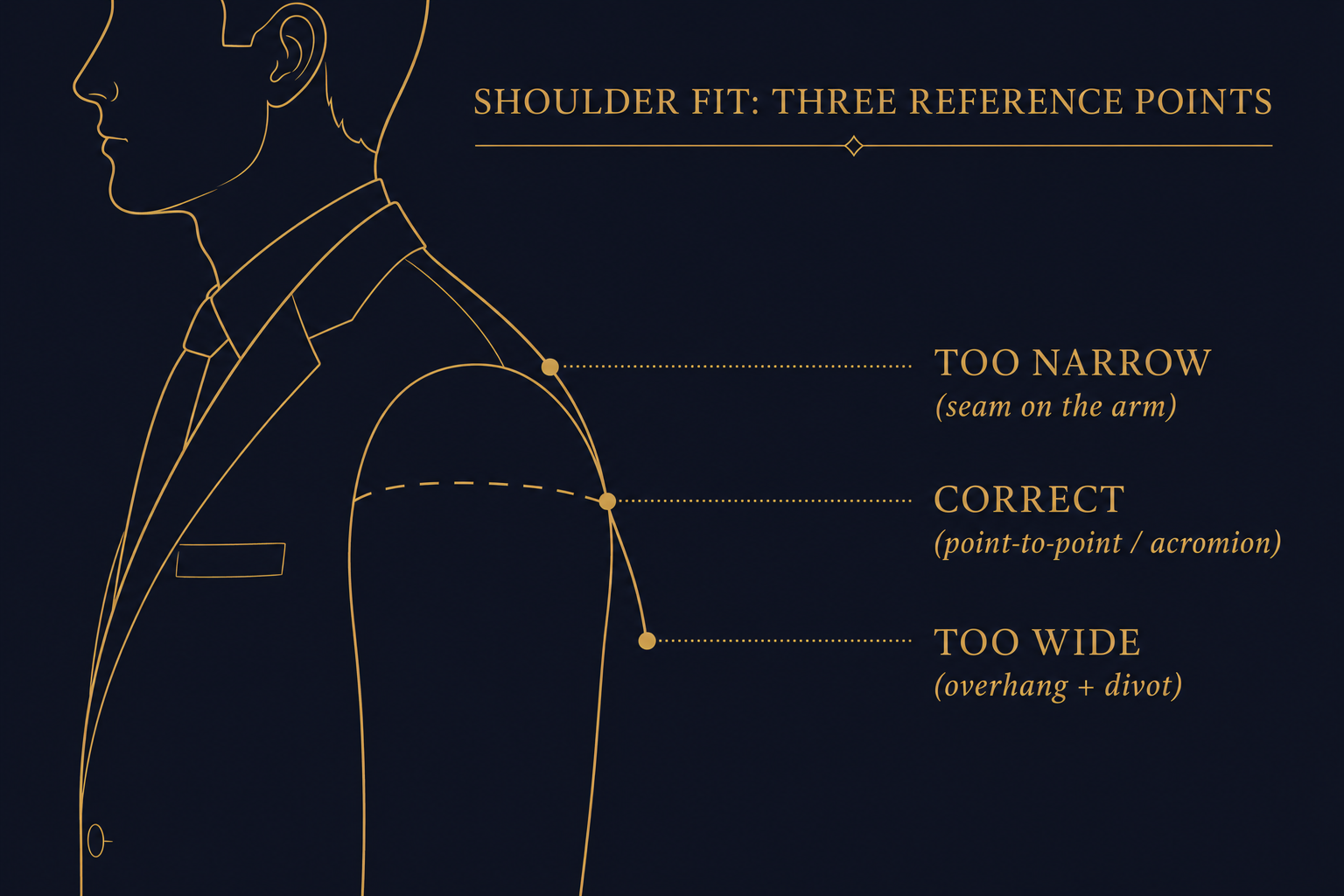 Diagram showing the point-to-point rule: the jacket shoulder seam aligning with the acromion bone where the shoulder ends and the arm begins