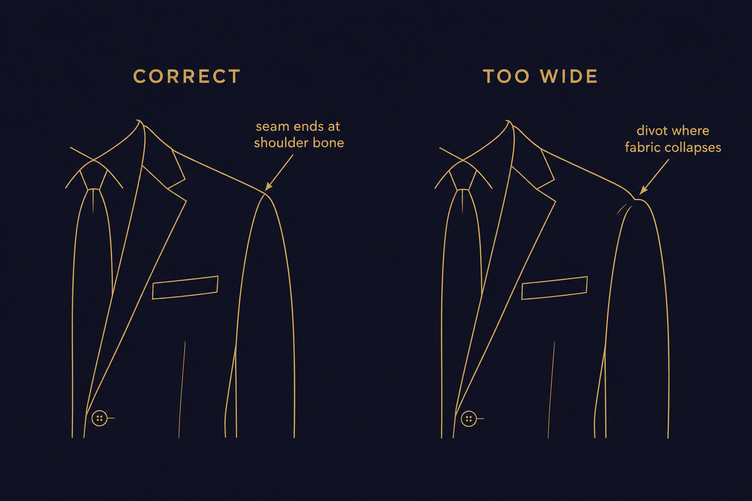 Diagram of a suit jacket shoulder showing the seam ending exactly at the shoulder bone, with a divot example beside it