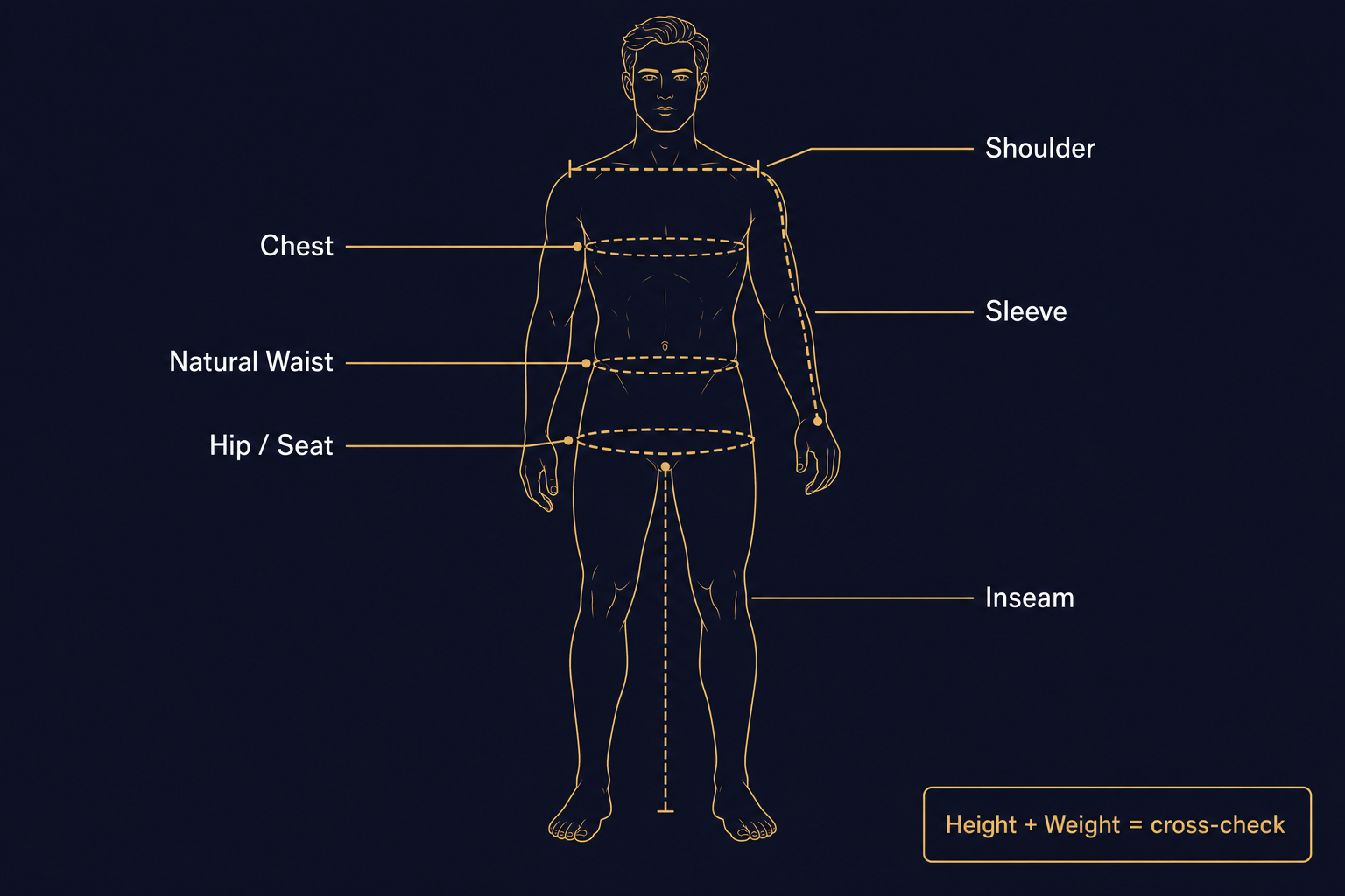 Body-map diagram showing the seven measurements SuitSupply requests: chest, natural waist, hip, shoulder, sleeve, inseam, plus height and weight cross-check