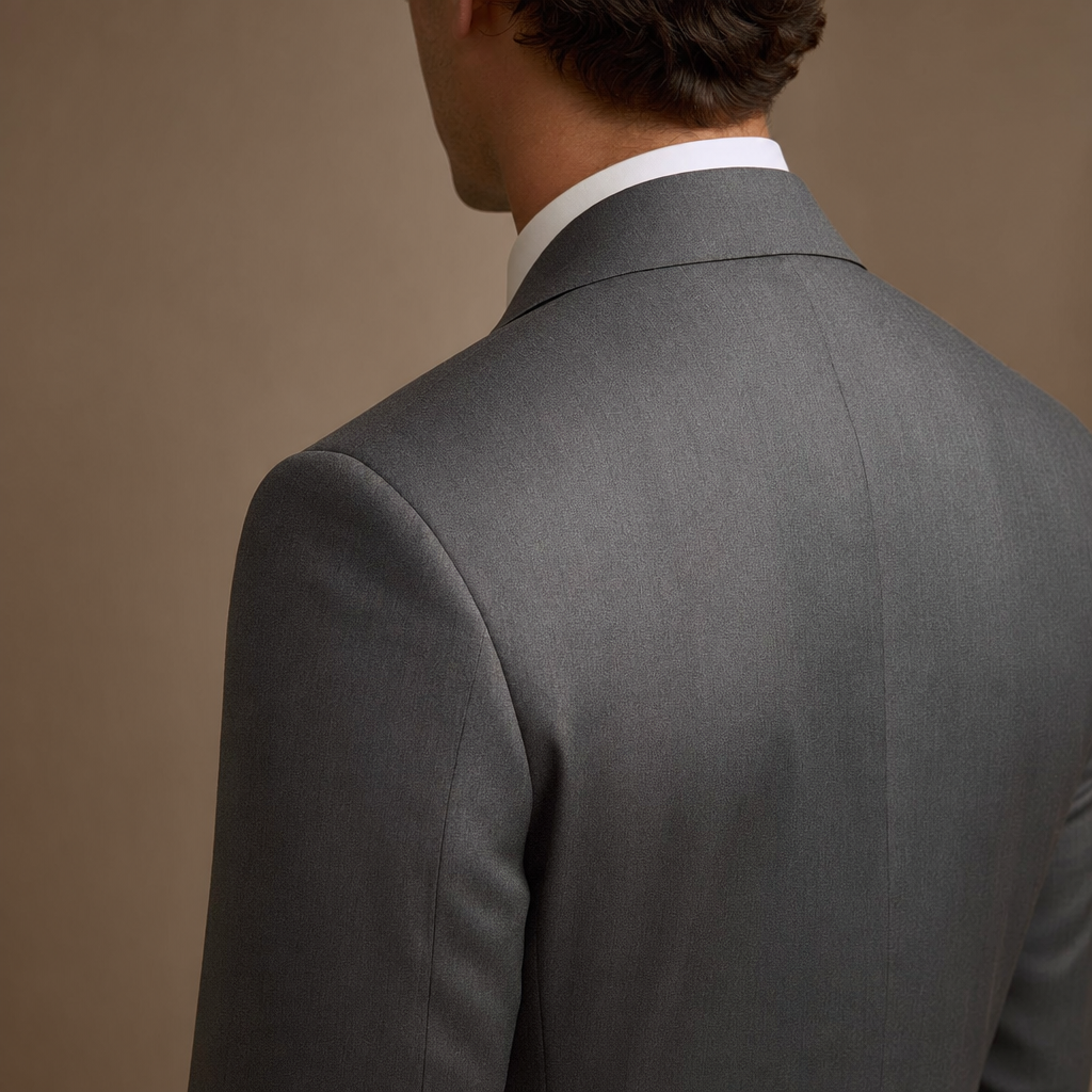 Three-quarter back view of a sharply tailored grey suit jacket showing a clean shoulder line -- fit matters more than colour at the races