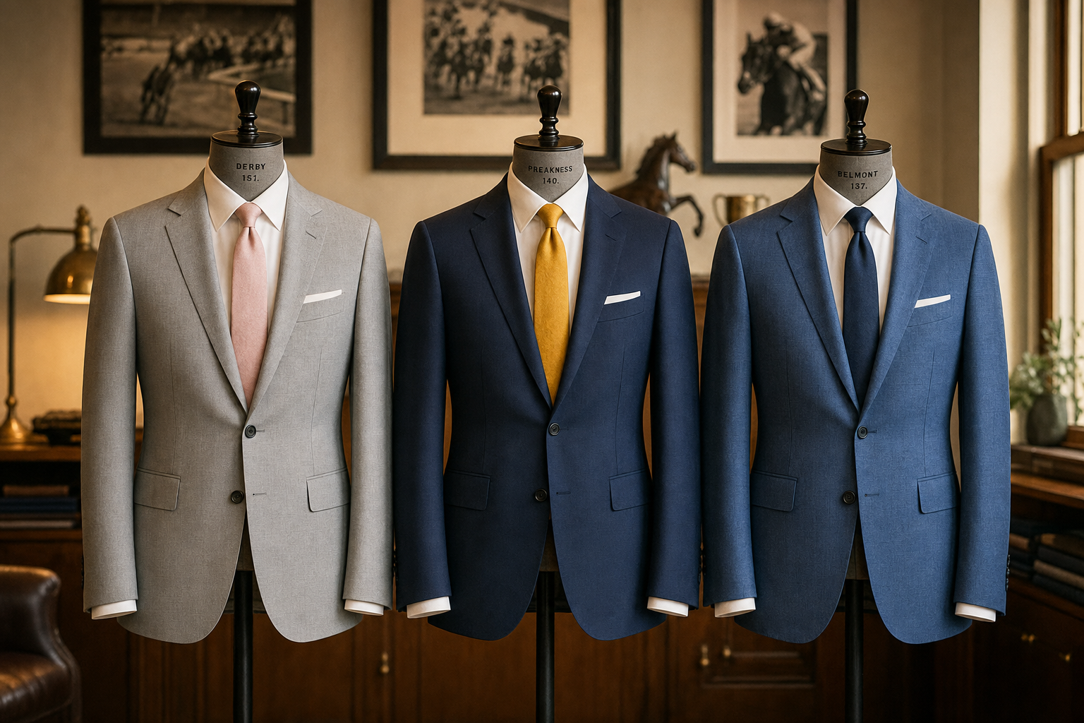 Triple Crown men's suit capsule 2026 — three single-breasted suits in light grey, navy and mid-blue on dress forms, each paired with a different tie nodding to Derby, Preakness and Belmont