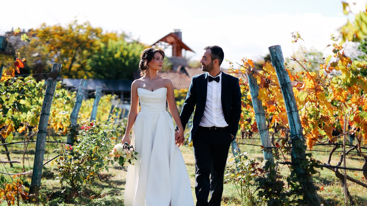 Groom and groomsmen in tan and rust suits walking down a vineyard aisle at golden hour, vines heavy with autumn fruit on either side