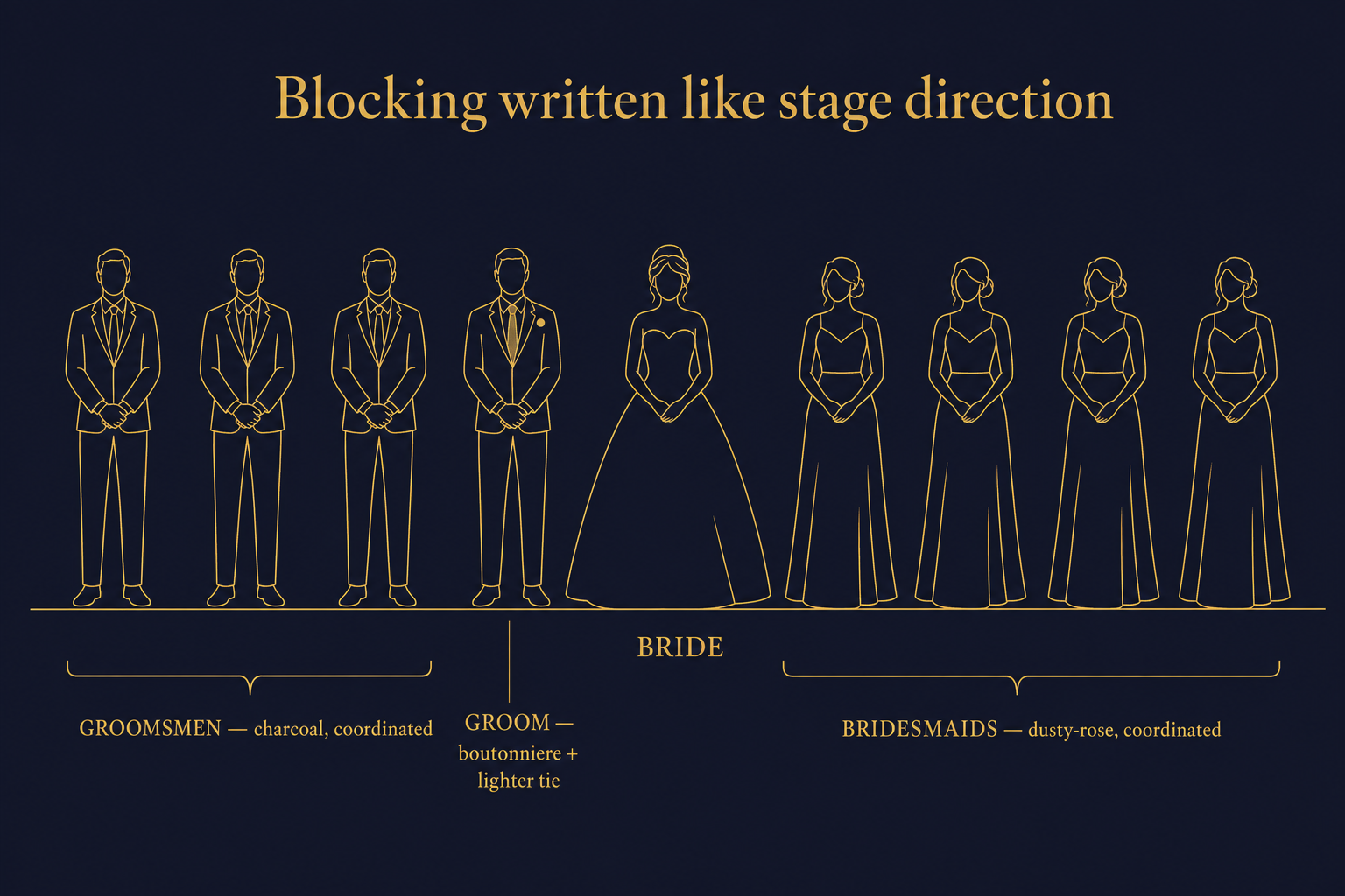 Top-down blocking diagram showing the bride centre, four bridesmaids to her right, groom and four groomsmen to her left, the explicit stage-direction layout that fixes interleaved wedding-party renders