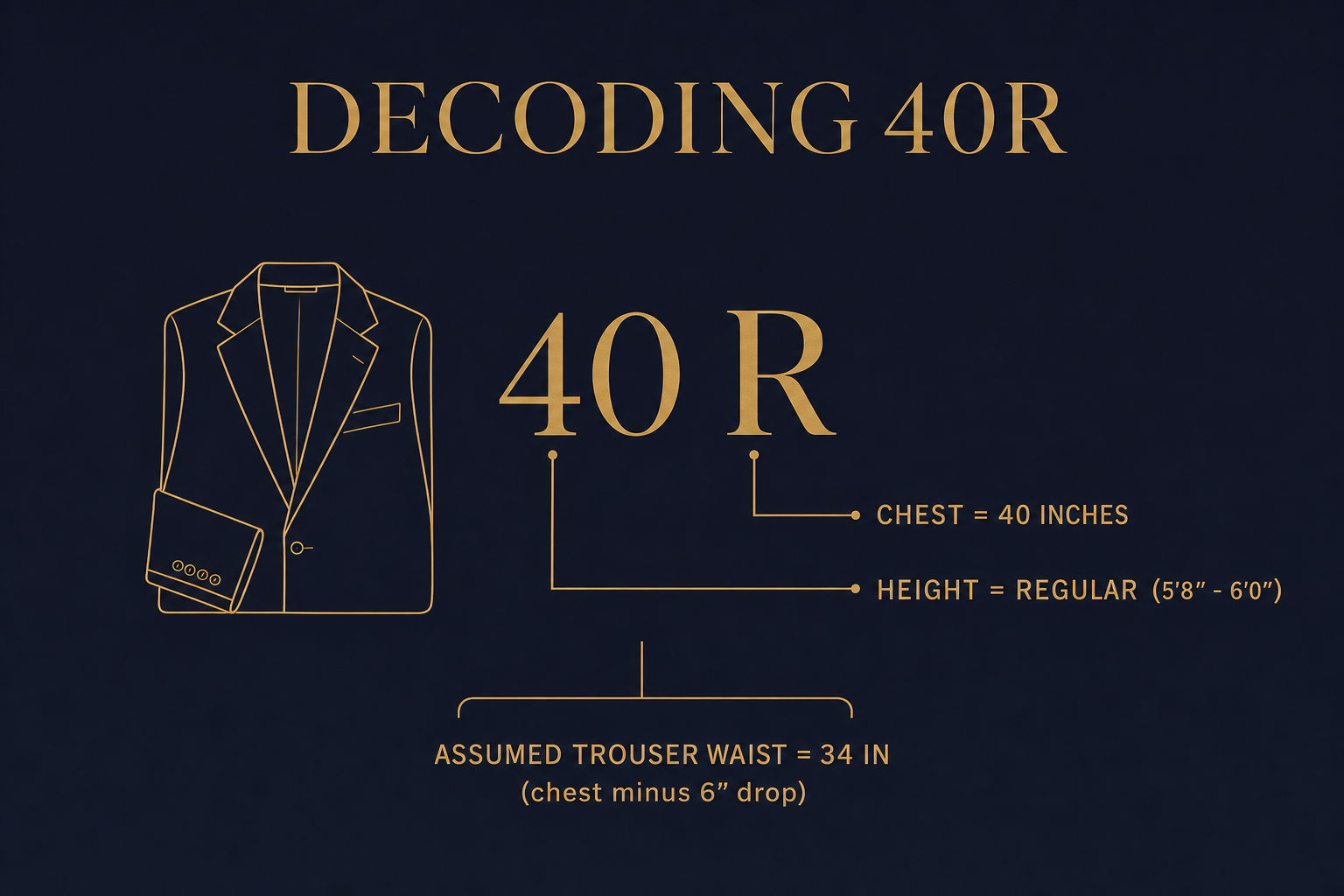 Infographic decoding what the suit size 40R means: 40 is chest in inches, R is regular height, paired with a 34-inch waist