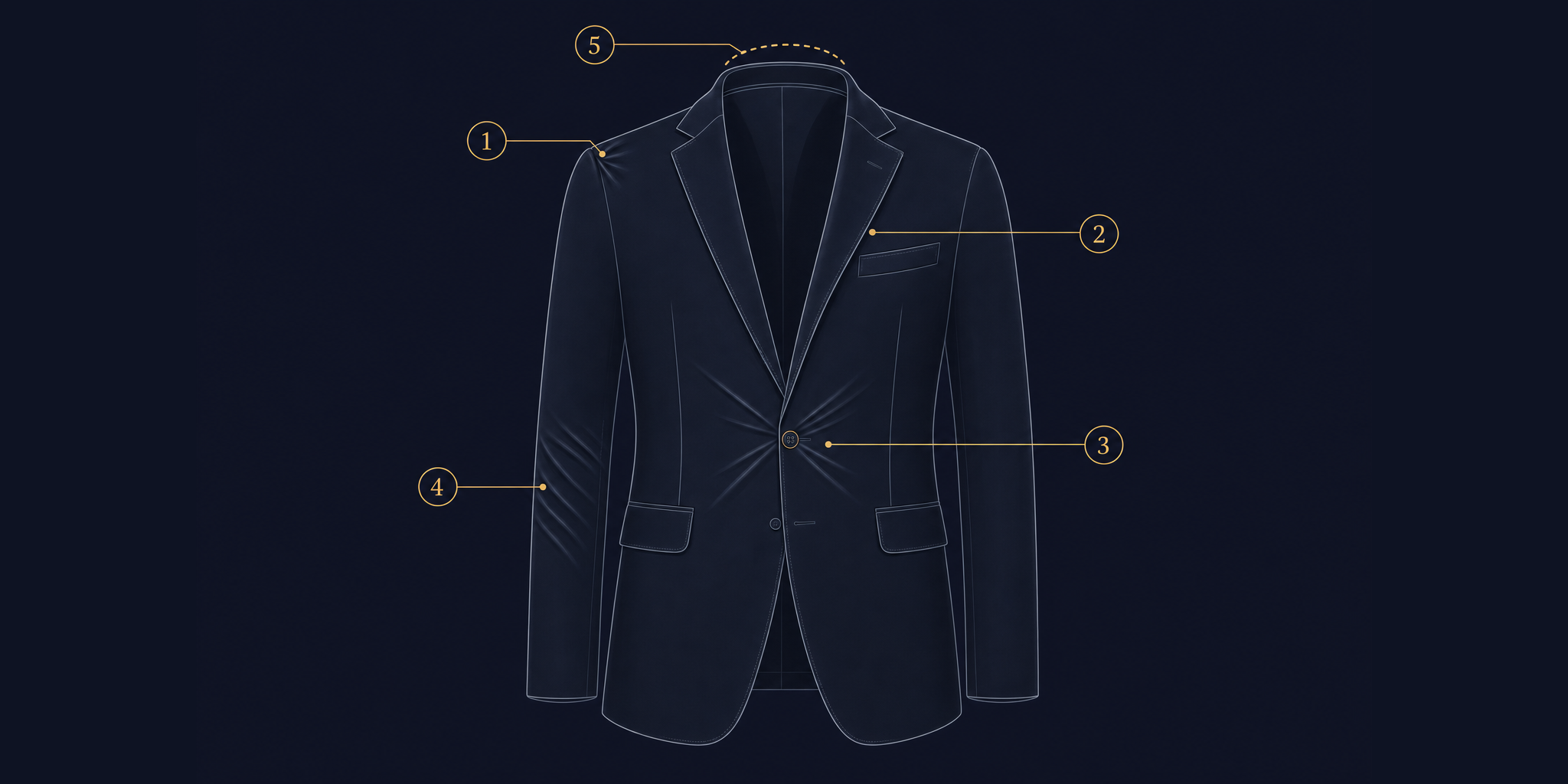 Fit checkpoint diagram on a dark background showing a suit jacket silhouette with five labeled problem zones: shoulder divot, lapel gape, X-pull at the button, sleeve twist/pitch, and collar gap