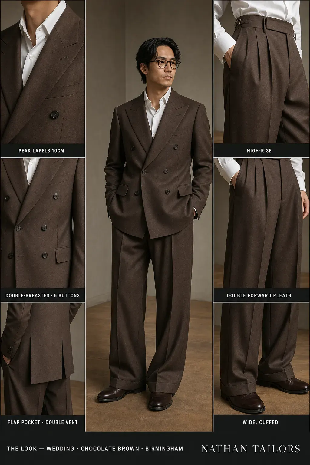 brown DB with open collar and wide cuffed trousers — fashion-forward, no tie — bespoke suit and custom tailored suit design by Nathan Tailors, the Hoi An custom tailor