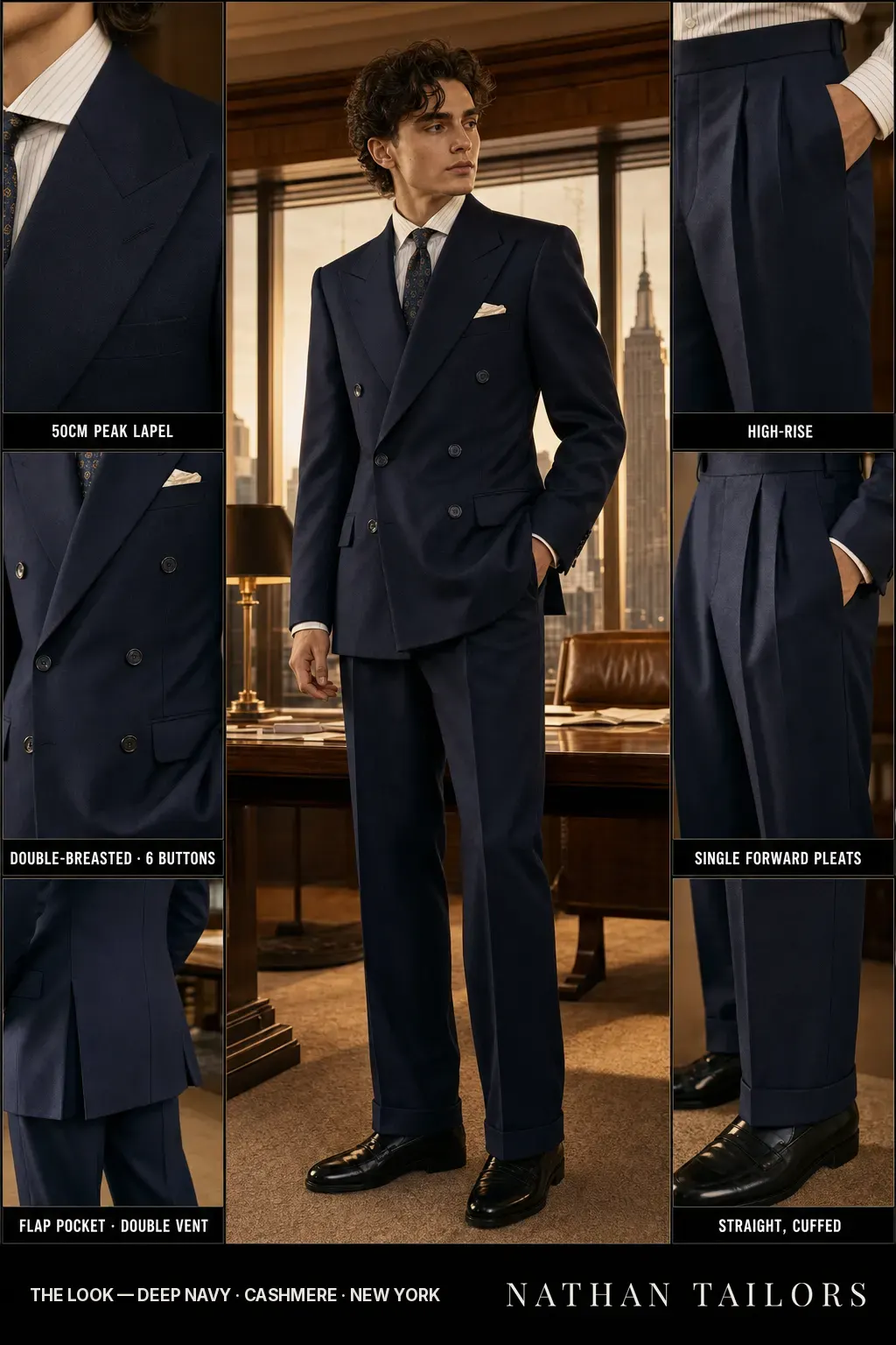 solid navy DB with tie at a desk in a panelled office over the skyline — bespoke suit and custom tailored suit design by Nathan Tailors, the Hoi An custom tailor