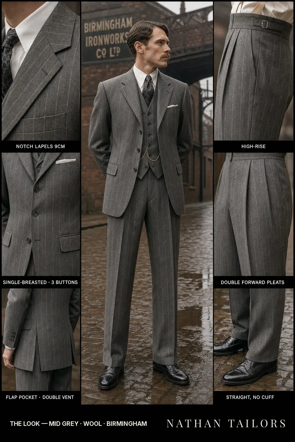 Chalk-striped heavy grey three-piece with structured shoulders reads as authority tailoring — bespoke suit and custom tailored suit design by Nathan Tailors, the Hoi An custom tailor