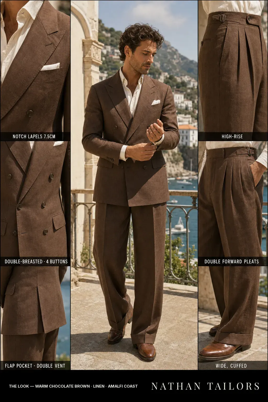 brown linen DB, open collar, no tie, on a coastal terrace over the bay — bespoke suit and custom tailored suit design by Nathan Tailors, the Hoi An custom tailor