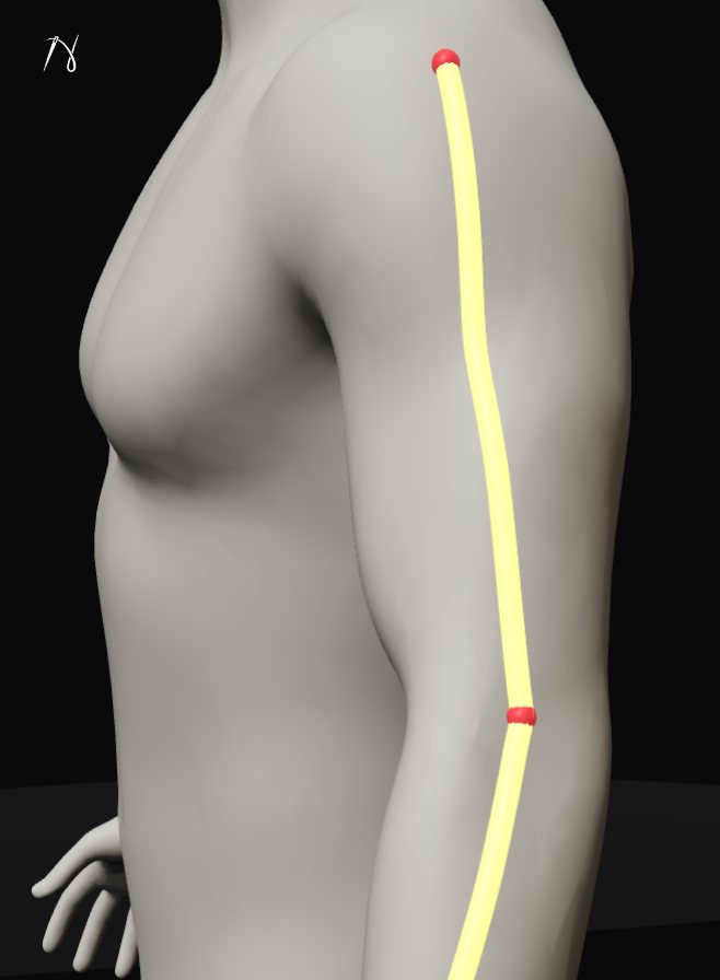 The sleeve measurement in the 3D Measurement Studio, showing the glowing tape path with red hand-placed anchor points at the shoulder seam and elbow