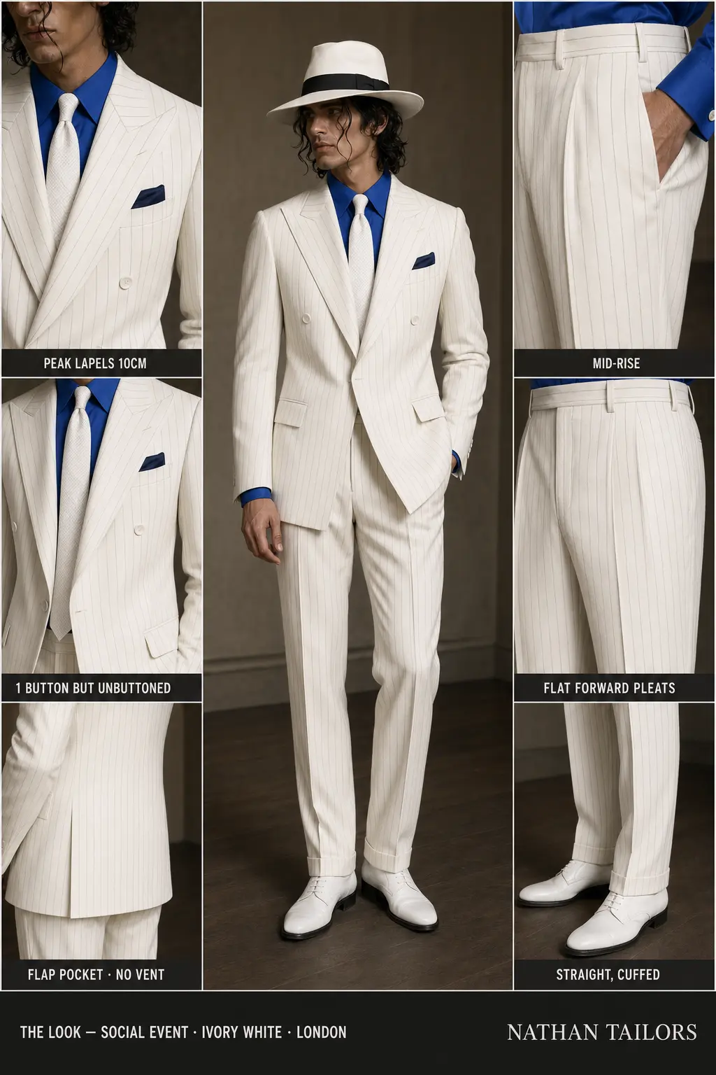 Michael Jackson white suit — 2026 biopic-era custom tailored ivory pinstripe single-breasted peak-lapel suit with blue shirt and white fedora, rendered by Nathan Tailors, the Hoi An custom tailor