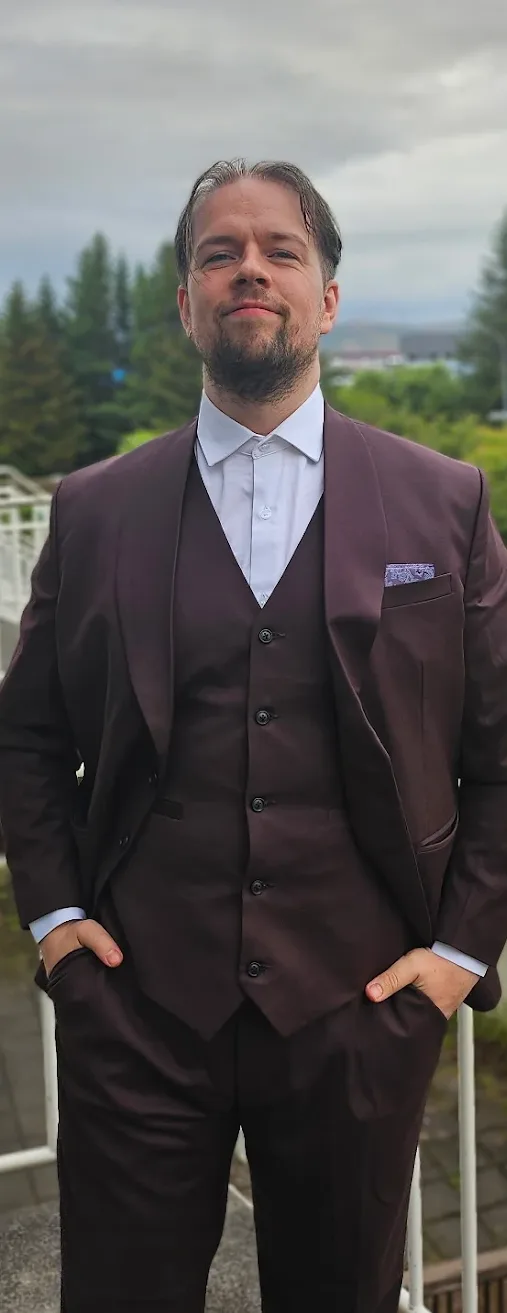 Custom burgundy three-piece suit made by Nathan Tailors and shipped to a customer in Iceland